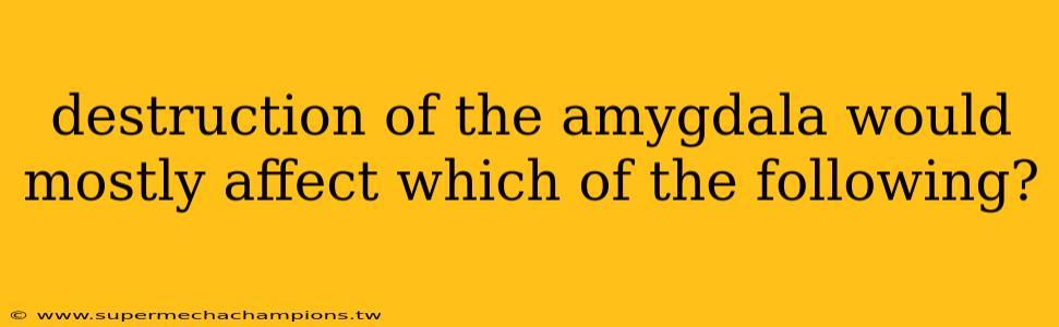 destruction of the amygdala would mostly affect which of the following?